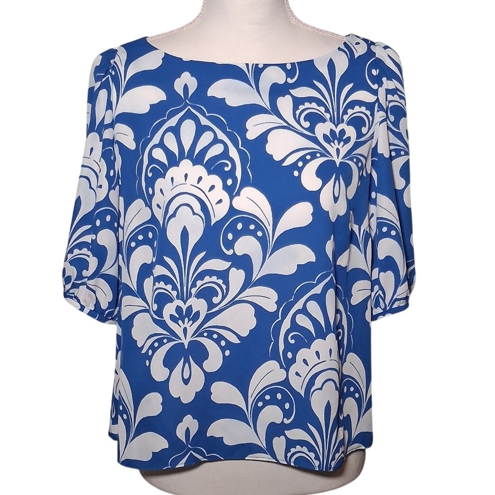 NWT Ann Taylor Factory Blue White Damask Floral Puff Sleeve Blouse S Office Boxy